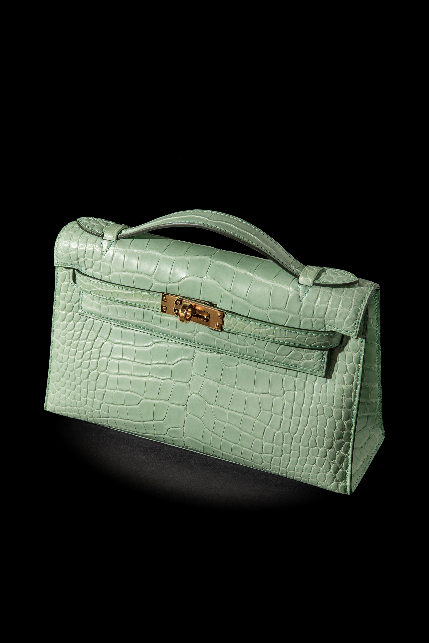 Hermes Kelly Pochette Vert d'Eau Croco